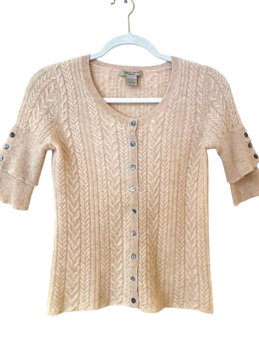 Vertical Design 100% Cashmere Cable Knit Sweater S Beige Short Sleeve Button Up